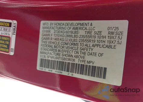 2025 Honda Odyssey Sport-L from USA, damaged, VIN 5FNRL6H71SB038036